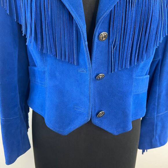 VINTAGE Pioneer Wear Blue Cowboy Western Suede Fringe Single Breasted Jacket VTG - Picture 3 of 9